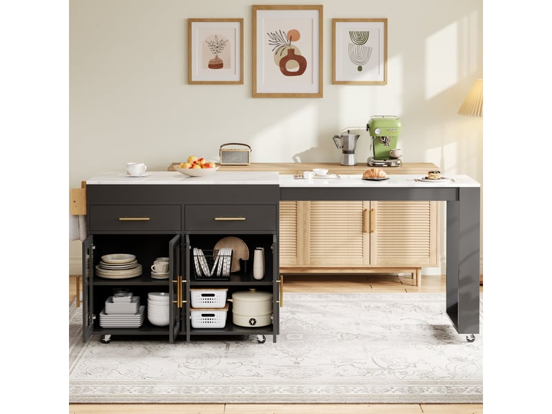  Îlot de cuisine noir avec desserte de cuisine à roulettes, table de bar extensible et portes en verre, 132,5-217x50x93 cm  - Conforama R