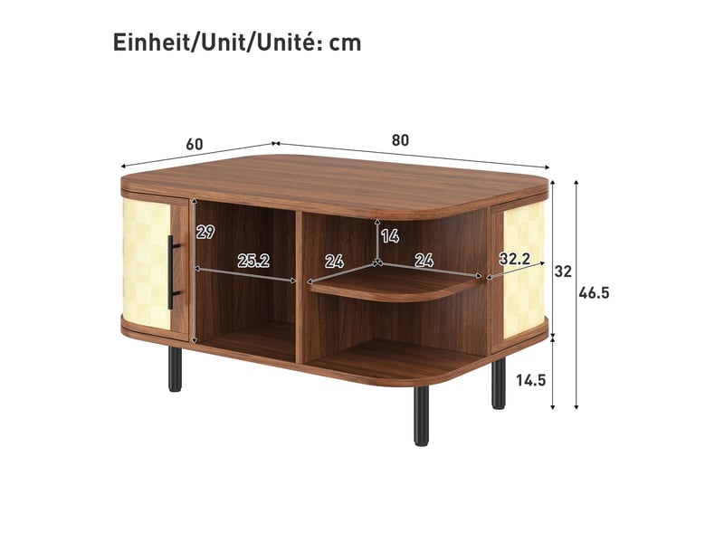 Table basse bois foncé 80 × 60 × 47 cm en mdf, avec portes, forme galbée, façades tressées, pieds métalliques - Conforama B