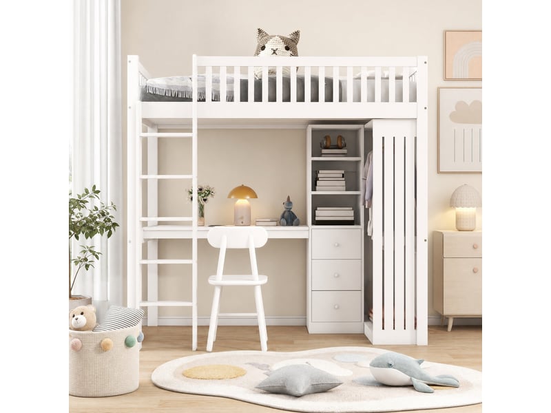  Lit mezzanine enfant 90x200 cm avec bureau, armoire, 3 tiroirs et escalier blanc  - Conforama B