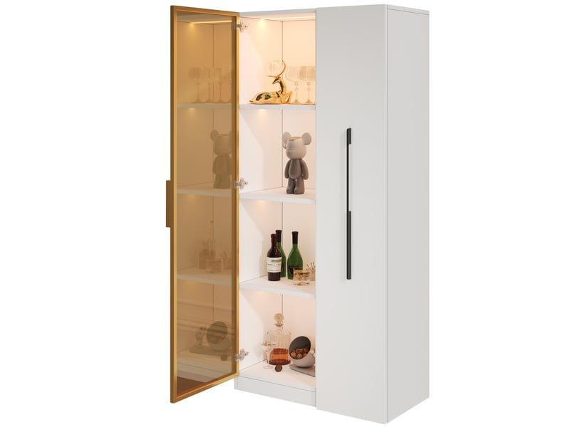  Vitrine de rangement 70 x 40 x 160 cm – blanche – portes en verre, led et module coulissant latéral  - Conforama A