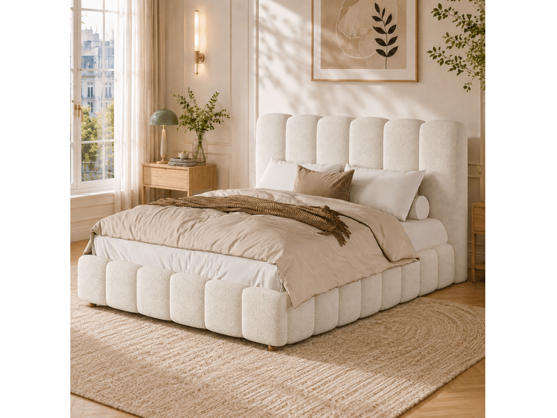  Lit coffre 2 places 140x200 cm en tissu bouclette blanc, sommier inclus et tête de lit rembourrée, sans matelas  - Conforama E