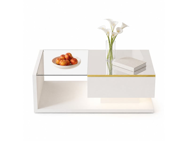  Table basse led 16 couleurs avec rangement pour salon 90×50×32,5 cm en panneaux de particules blanc  - Conforama A