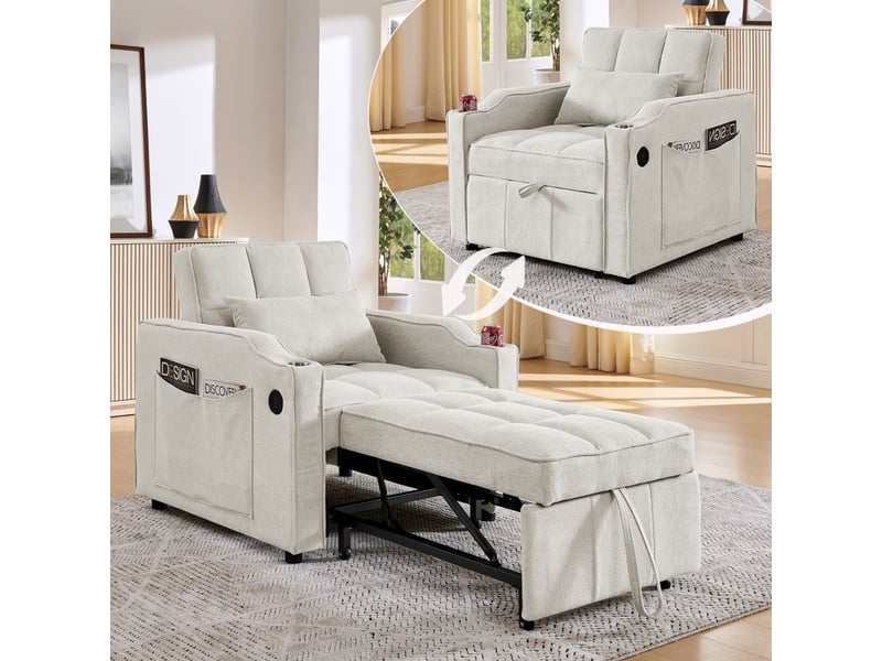  Fauteuil convertible 1 place - 190x85x86 cm - fauteuil 3-en-1 avec ports usb type-c et porte-gobelet avec fonction de lit- beige  - Conforama B