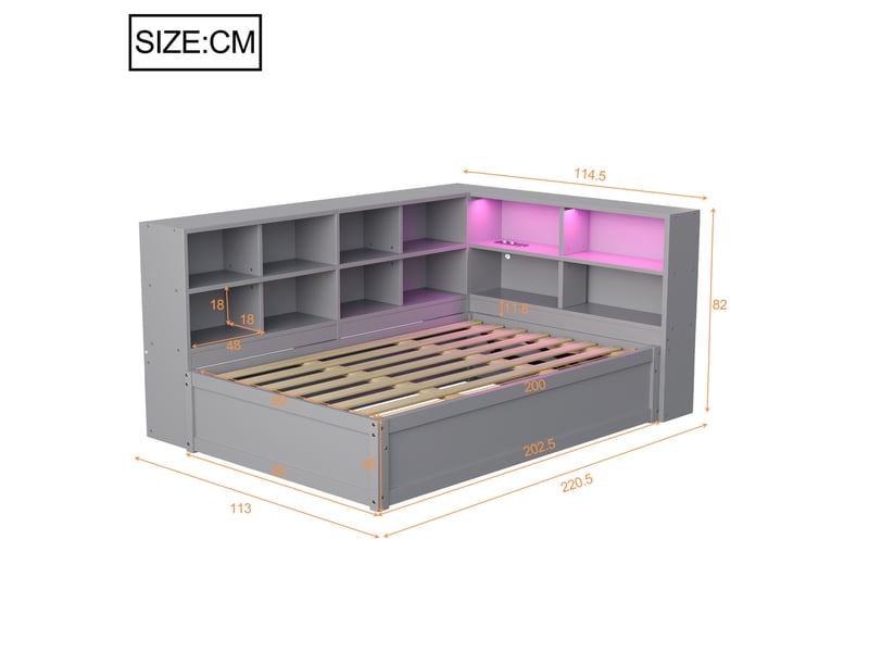 Lit banquette 90x200 cm – gris – rangement hydraulique, led pilotables et prise multifonction – sans matelas - Conforama C