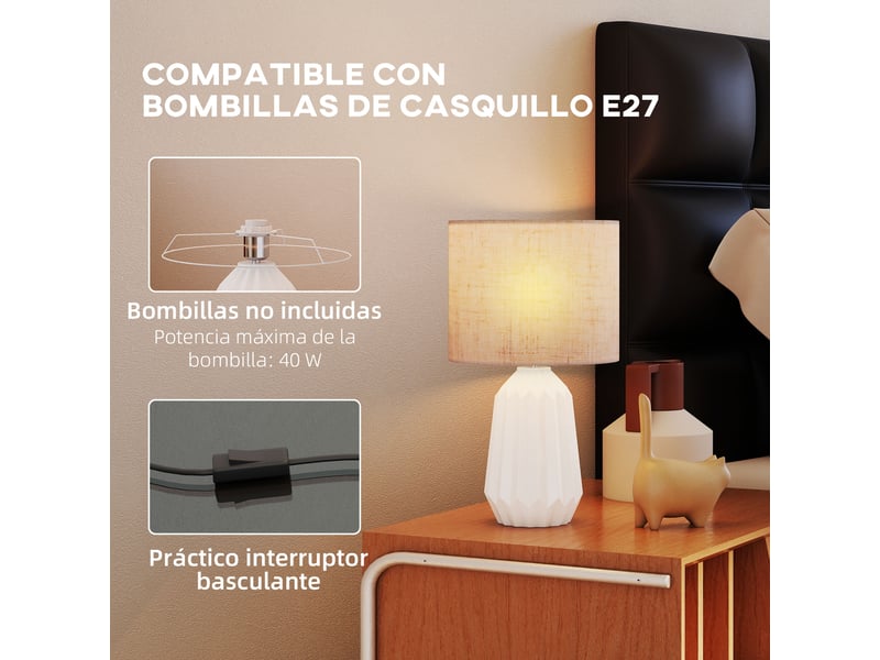  Lampe de table style rétro avec pied en céramique et abat-jour en lin pour chambre, 40 w, blanc et beige  - Conforama E