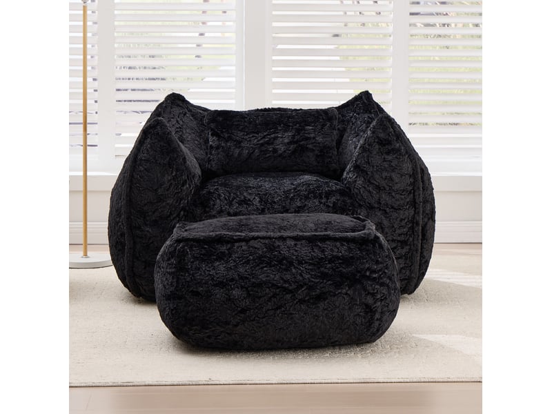  Fauteuil pouf géant noir en tissu effet fourrure, avec coussin et ottoman, sans montage, pour salon et chambre  - Conforama E
