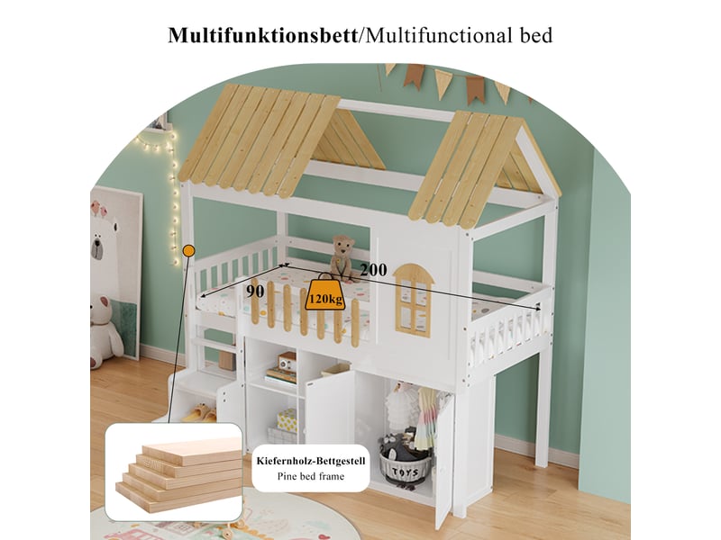  Lit mezzanine enfant simple 90×200 cm, armoire, étagères et fenêtre  - sans matelas, bois blanc naturel  - Conforama E