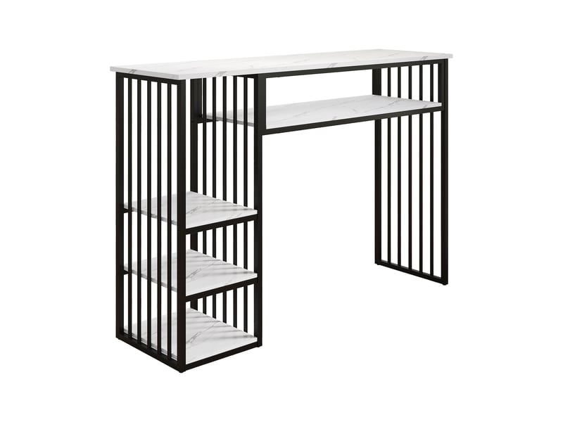  Table de bar - 140x40x105 cm - mange-debout avec étagères de rangement - blanc marbré et noir  - Conforama D
