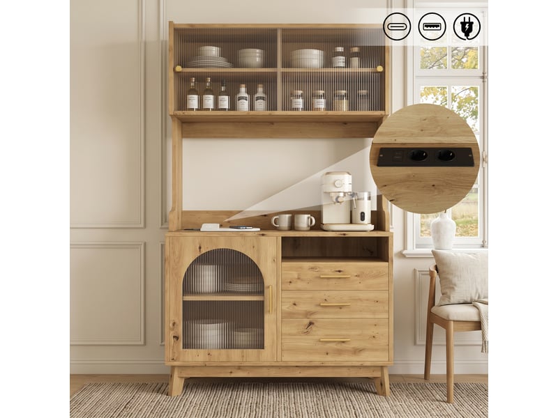 Buffet haut décor bois naturel 100,5 × 40 × 178 cm, 2 prises, usb-ausb-c, vitrage acrylique ondulé, grand format vertical - Conforama B