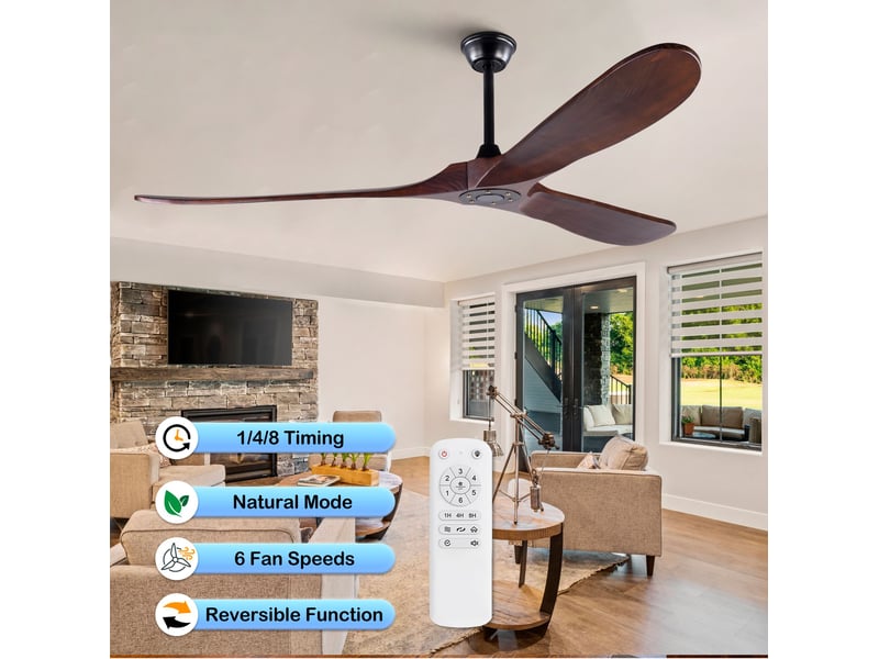 Ventilateur de plafond 183 cm sans éclairage bois massif noir et noyer foncé 6 vitesses télécommande silencieux minuterie et mémoire - Conforama D