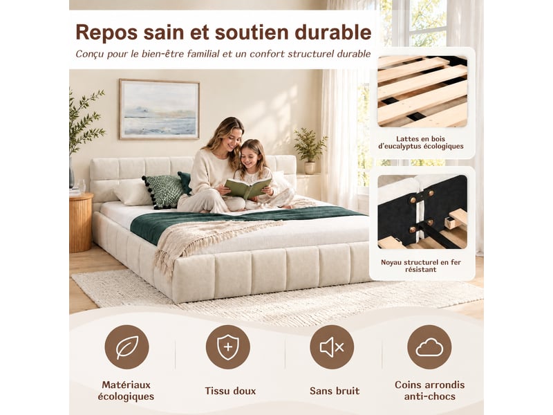  Bubble bed 140x200 cm, lit double rembourré 140x200 cm - cadre de lit - lit en chenille - sommier à lattes - capacité de charge 300 kg - chenille - beige  - Conforama D