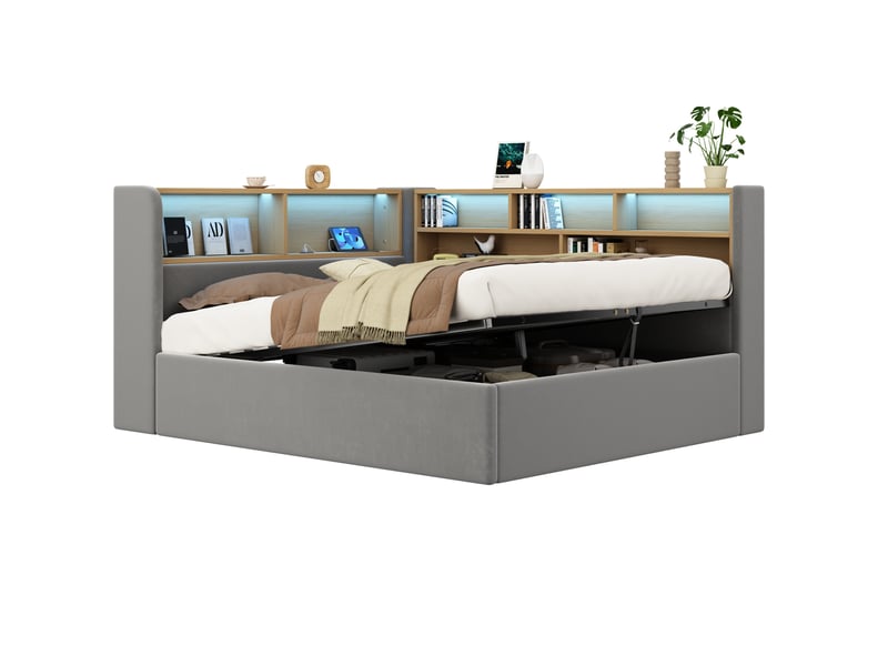  Lit coffre 140x190 cm en velours gris avec led, usb, type-c, rangement et sommier inclus, sans matelas  - Conforama A