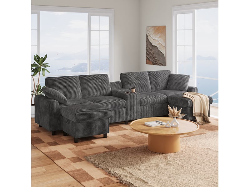  Canapé panoramique en velours côtelé gris avec 2 poufs de rangement et table basse  - Conforama B