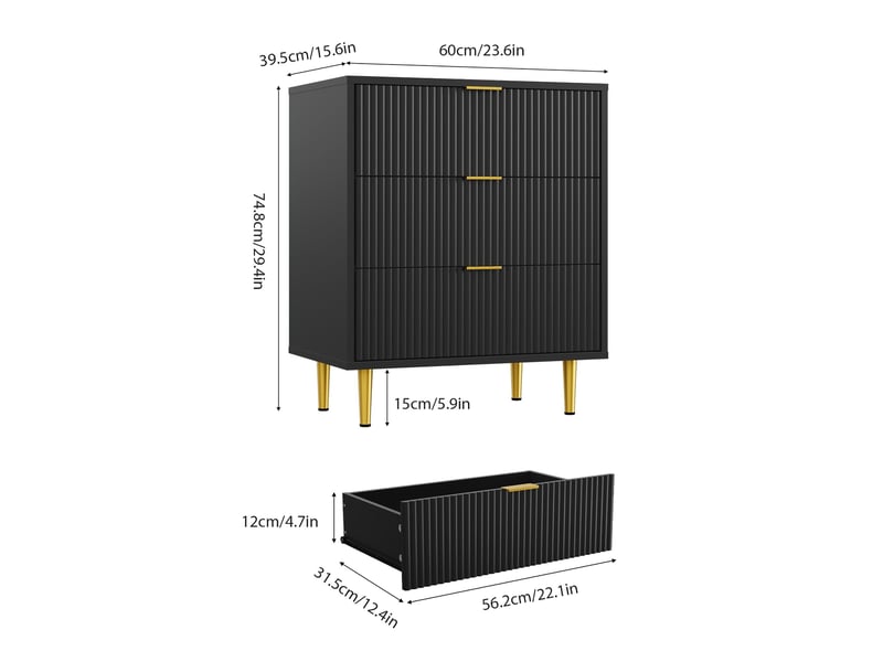  Commode moderne 3 tiroirs façade ondulée – rangement élégant, poignées et pieds dorés – pour chambre, salon ou entrée -noir PHK_35LRLKAX - Conforama B