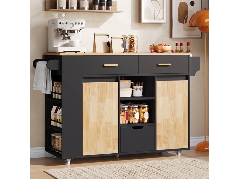  Ilot central de cuisine - 120x71x90cm - desserte avec plateau rabattable 3 tiroirs placards et roulettes - noir et bois  - Conforama C