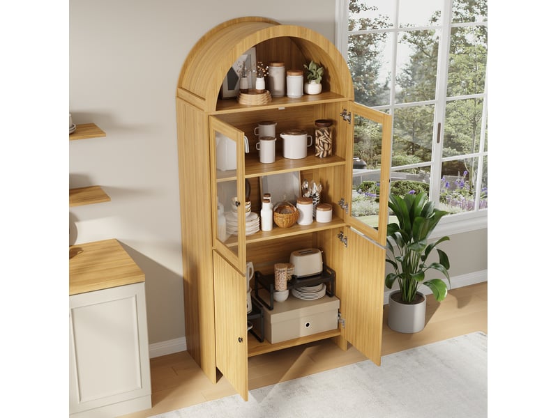  Buffet haut 78 x 40 x 176 cm naturel en panneaux de particules, vitrine et rangement fermé à 4 portes  - Conforama B
