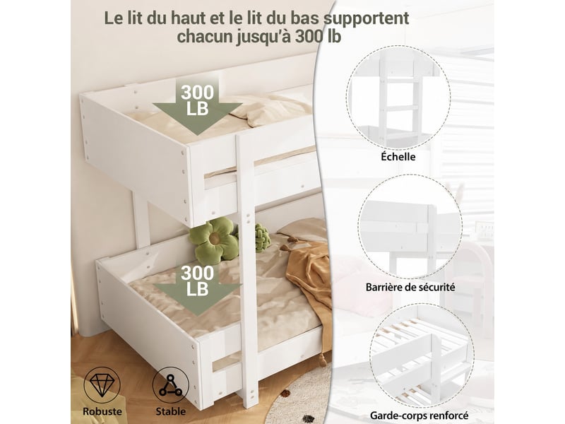  Lit superposé enfant 2 x 90 x 200 cm avec barrière de sécurité, escalier, sommier à lattes, blanc  - Conforama C