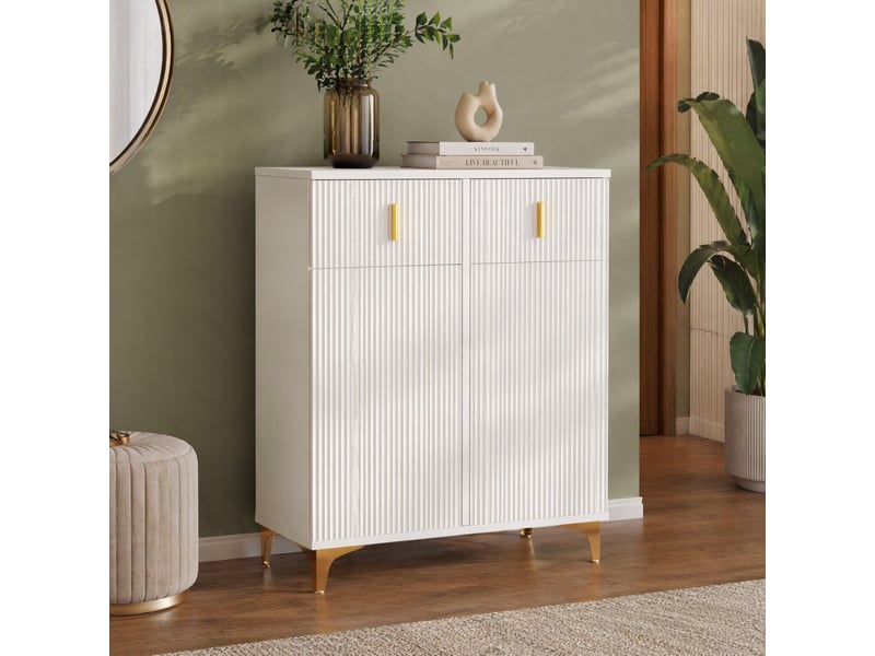 Buffet haut ulevr à 2 portes et 2 tiroirs, étagères réglables, 83 x 35 x 101 cm, panneaux de particules blanc et détails dorés - Conforama E