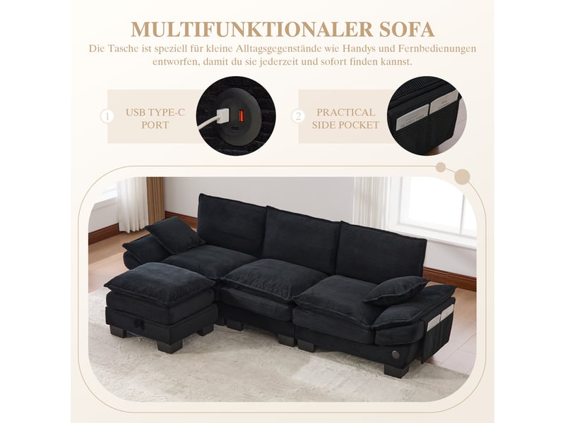  Canapé d'angle 3 places en velours côtelé noir avec pouf et port usb-c intégré pour salon  - Conforama E