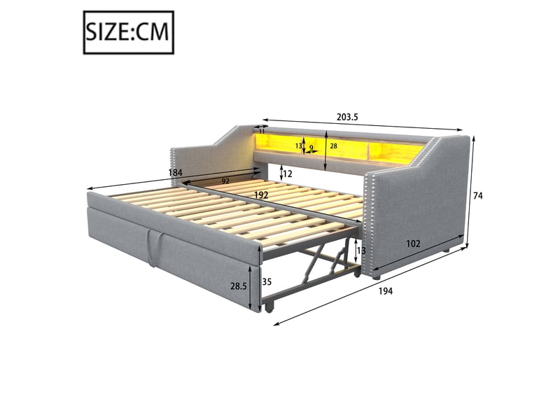  Modenvie banquette-lit gigogne 90180x190 cm - avec rangement, led et port usb, avec 2 matelas - gris  - Conforama C