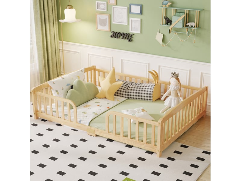  Lit au sol enfant 140x200 cm en pin naturel avec barrières de sécurité  - Conforama D