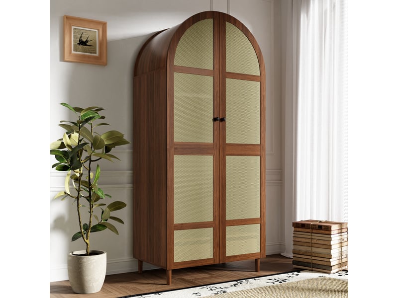  Armoire 80x50x179 cm avec penderie, portes en rotin, tiroir et rangement intérieur, design arrondi en mdf noyer OMNIGLINT TRADING LTD - Conforama B
