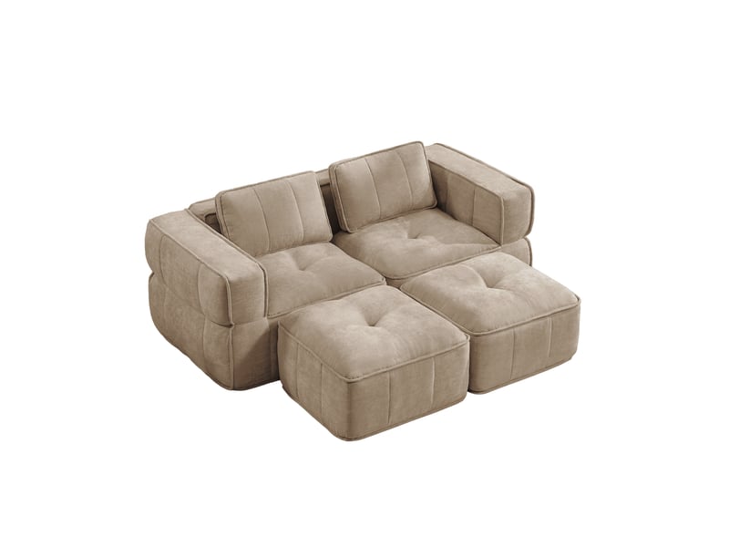  Canapé modulable compressé 2 places avec 2 poufs, en polyester sable  - Conforama A