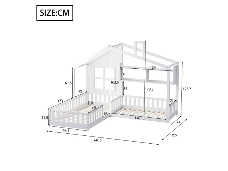 Lit cabane 90x200 cm, lit double avec bibliothéque et sommier à lattes, en bois massif, blanc, sans matelas - Conforama D