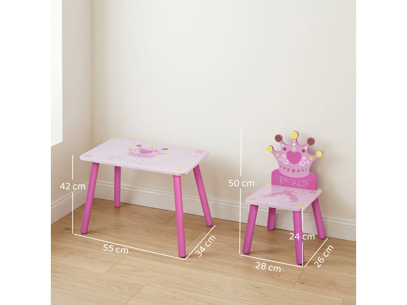  Ensemble table et 2 chaises enfant 3 pièces, pieds en bois massif, table enfant avec chaise motif couronne, rose, pour filles et garçons de 2 à 4 ans  - Conforama C