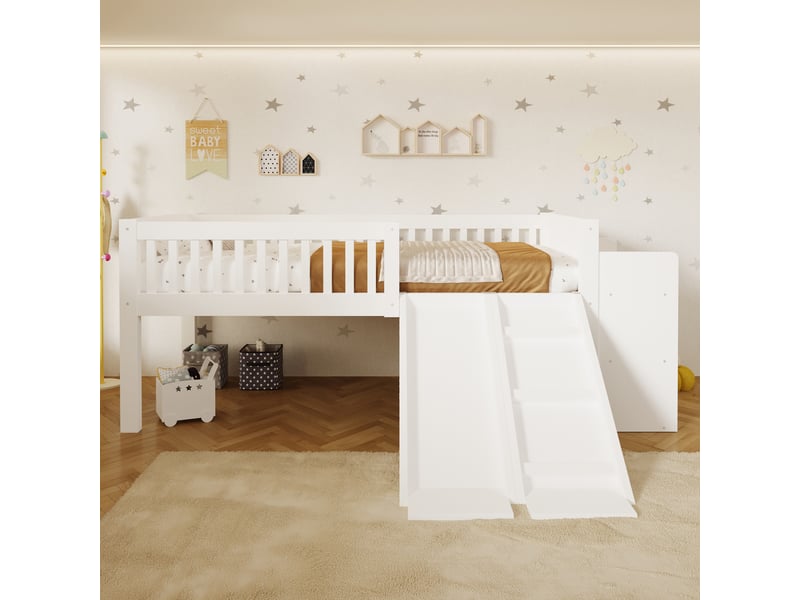 Lit enfant 90 x 200 cm avec toboggan, échelle, rangements intégrés, niches ouvertes et espace de jeu sous le lit, bois et mdf - blanc OMNIGLINT TRADING LTD - Conforama C