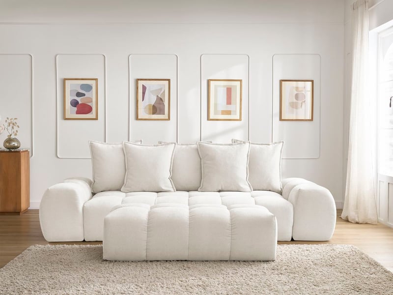 Bobochic canapé droit fixe 3 places everest tissu texturé avec pouf blanc EVEREST - Conforama D