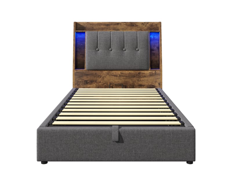 Lit capitonné, 90 x 200 cm, avec port de chargement usb type-c, sans matelas, compartiment de rangement rabattable, rangement multifonctionnel, éclairage led, commande par bouton-poussoirapplication, lin, gris - Conforama D