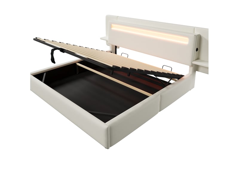  Lit coffre 180 x 200 cm beige en lin, rangement hydraulique, led multicolore, usb et table de chevet intégrée  - Conforama D