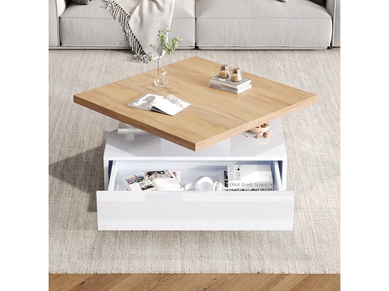 Table basse carrée pivotante à 360° 70x70 cm avec tiroir, blanc brillant et noyer - Conforama R