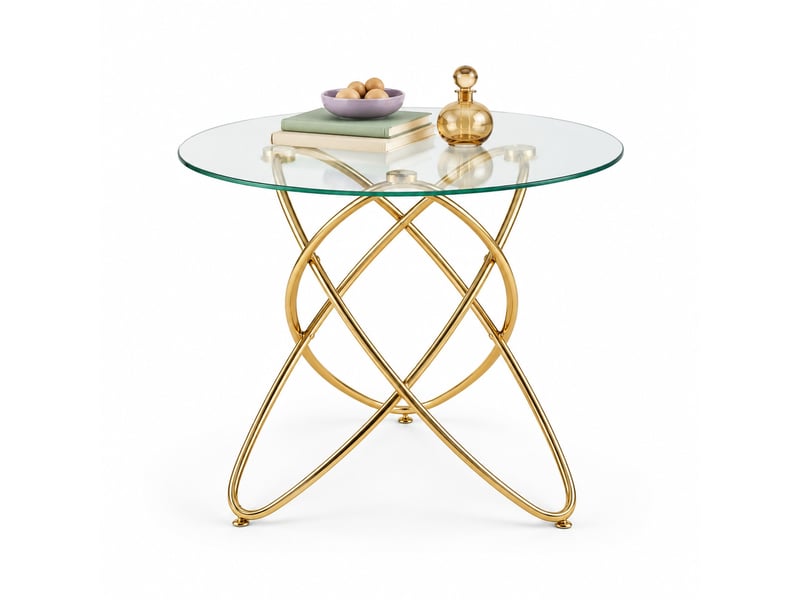  Table de salle à manger ronde 80x75 cm, pieds croisés en métal, plateau en verre trempé, design moderne doré  - Conforama A