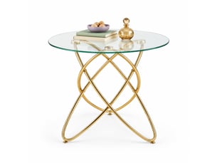Table de salle à manger ronde 80x75 cm, pieds croisés en métal, plateau en verre trempé, design moderne doré
