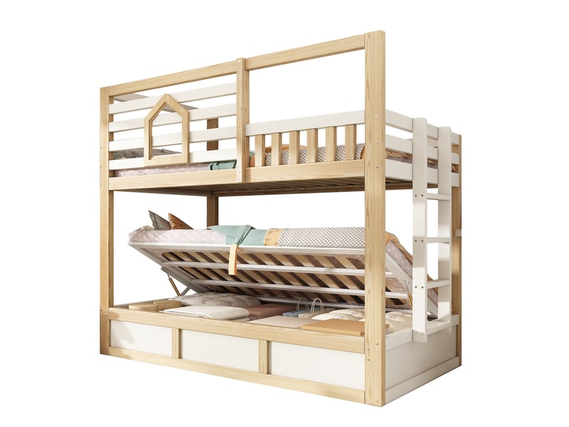  Lit superposé 90x200 cm rangement hydraulique en bois blanc et coloris naturel  - Conforama A