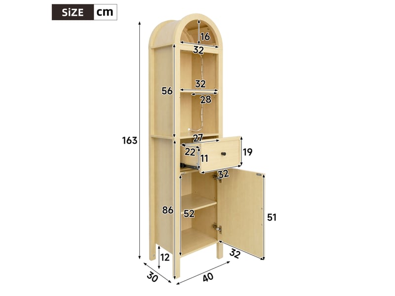  Colonne de salle de bain 40x30x163 cm, panneaux mdf naturels, éclairage led rgb avec app, plateau arqué, porte réversible et tiroir à fermeture magnétique  - Conforama C