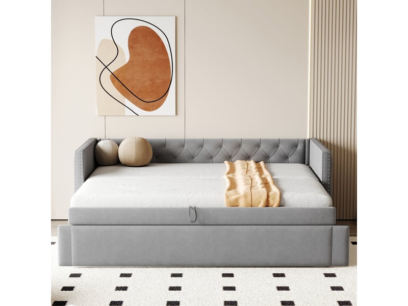 Lit gigogne enfant 90x200 cm avec sommier - lit simple forme classique avec boutons - velours - gris clair (sans matelas)  - Conforama C