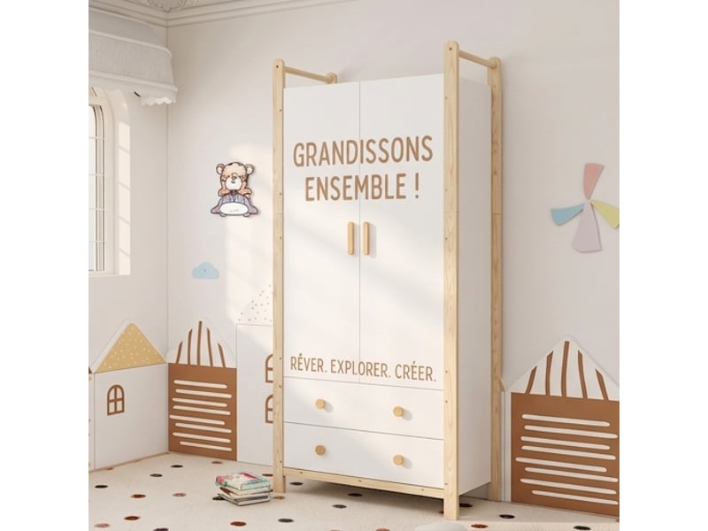  Armoire 2 portes avec penderie et 2 tiroirs, meuble de chambre blanc et bois naturel, 90x45x180 cm  - Conforama D