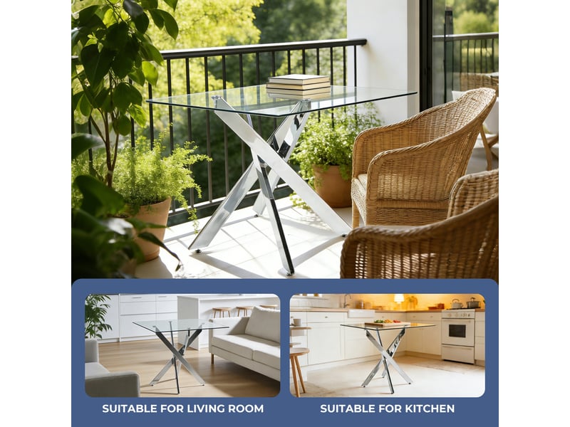  Table de salle à manger carrée avec plateau en verre, pieds métal croisés et style moderne, 80 × 80 × 75 cm, argent  - Conforama C