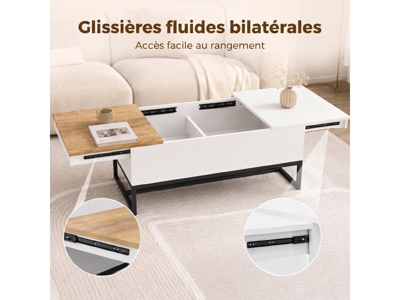  Table basse extensible avec plateau coulissant, blanc, table de salon avec rangement caché et pieds en acier  - Conforama D