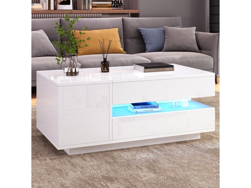  Table basse relevable blanche 95x50cm, table de salon avec led et plateau hydraulique, table basse avec rangement caché  - Conforama W
