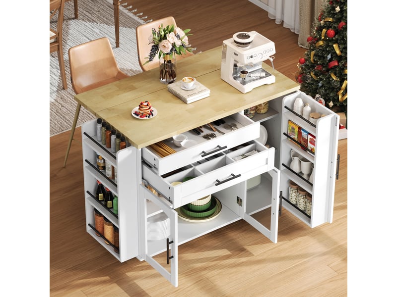  Îlot de cuisine roulant – plateau rabattable, 5 roues, rangements multiples – 120x4570x90 cm  - Conforama B