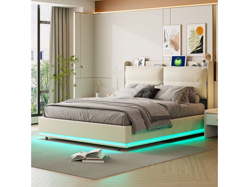 Lit double 140x200 cm , led, lit 2 place avec usb et type-c, beige, velours,cadre de lit coffre 140x200 cm, lit 2 place - Conforama E