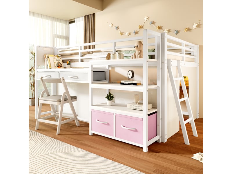  Lit mezzanine enfant 140x200cm avec bureau, lit surélevé avec tiroirs en tissu, étagères ouvertes, rideau et led multicolore, structure métal, blanc Seren Glow - Conforama D