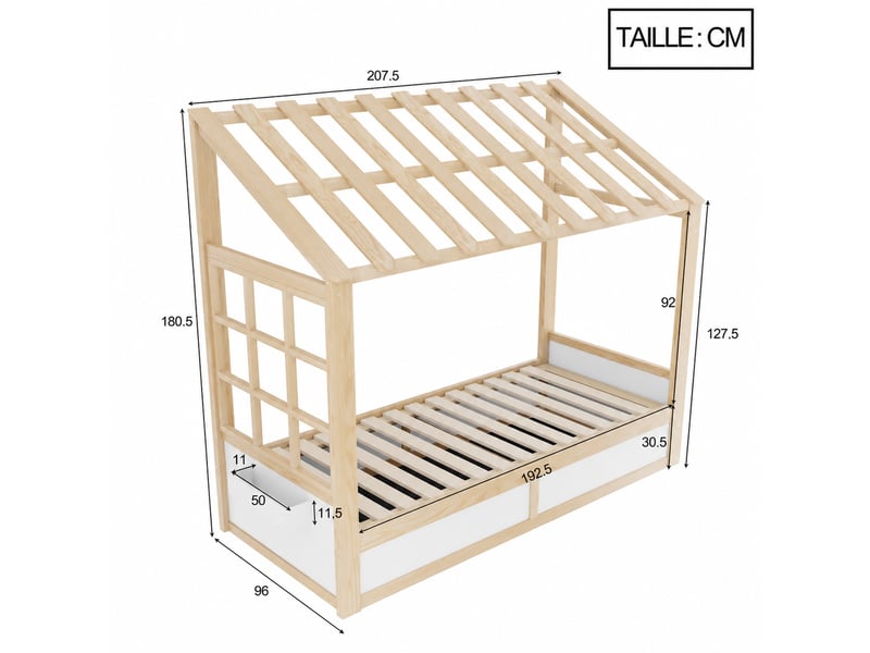 Lit cabane enfant 90x200 cm en bois, lit simple avec coffre hydraulique et niches, matelas non précisé - Conforama D