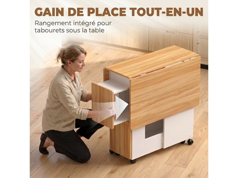  Ensemble table salle à manger pliante avec 4 chaises, roulettes, table de cuisine avec chaises pour 4 personnes, chêne  - Conforama E