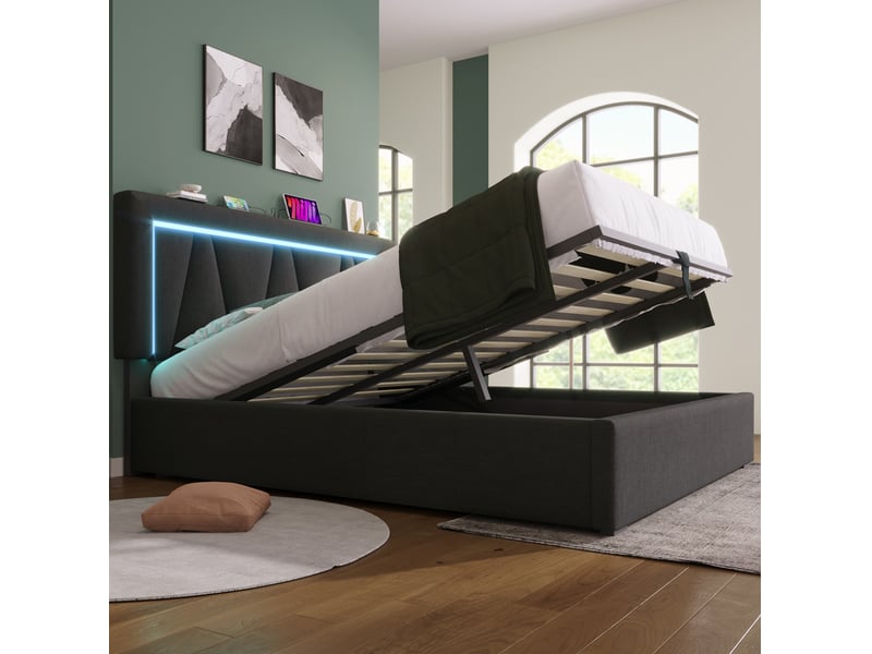  Modenvie lit coffre 160x200 cm - led, usb-c et tête de lit réglable, sans matelas - gris  - Conforama E