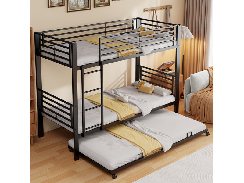 Lit superposé modenvie métal noir 90 x 200 cm avec lit gigogne 90 x 190 cm 3 couchages - Conforama D